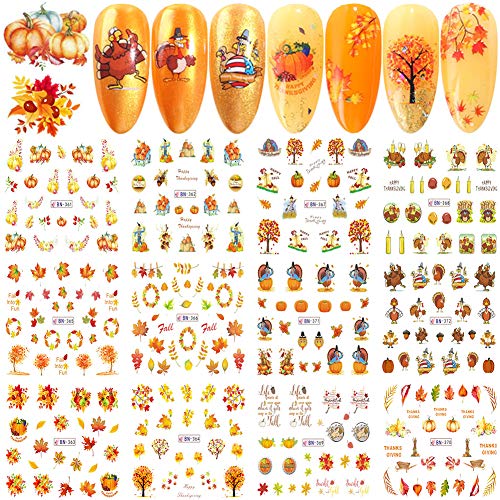 12 Sheets Fall Nail Art Stickers Thanksgiving Nail Decals Maple Leaves Nail Art Supplies Autumn Maple Leaf Nails Design Supply Water Transfer Foil Nails Sticker for Women Kids Girls Manicure Decor