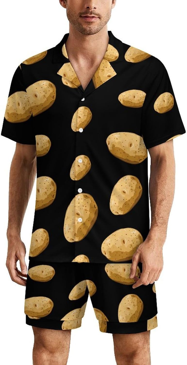 Cartoon Potato Men's Short Sleeve Pajama Set Satin Silk Like Lounge Sleepwear