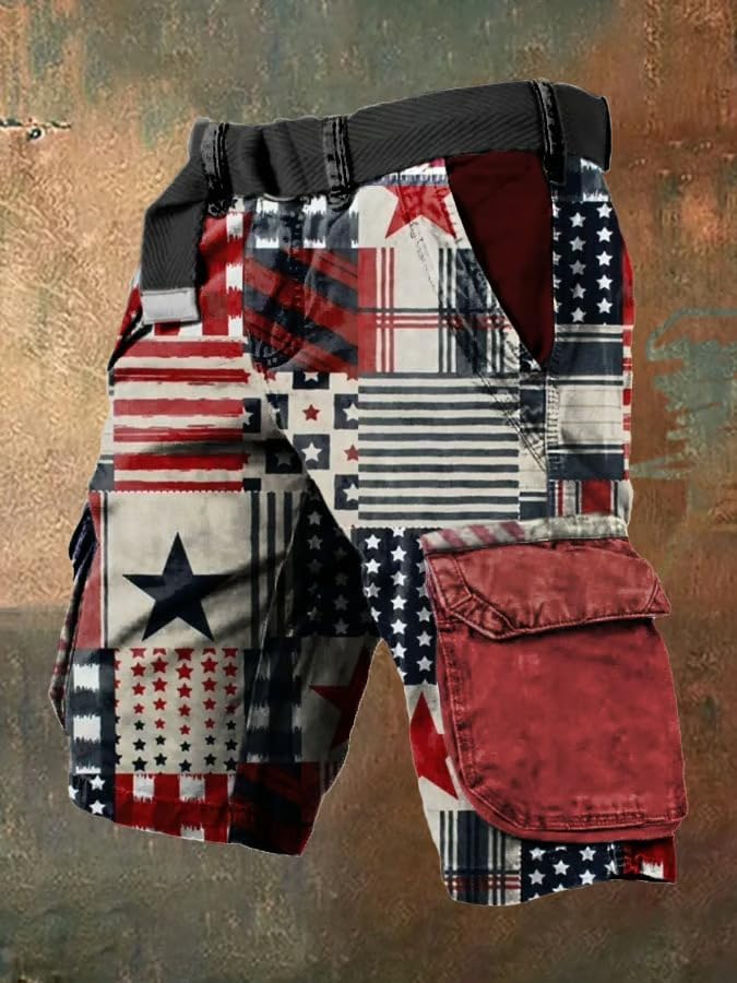 Men's Retro Independence Day Flag Patchwork Print Patriotic Cargo Shorts2