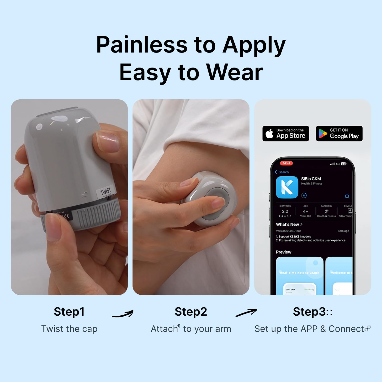 SIBIO KS3 Kontinuierliches Keton-Monitoring (CKM), 14-Tage Wearable-Sensor zur präzisen Ketose-Überwachung, professionelles Echtzeit-Tracking für ketogene & Low-Carb-Diäten, kompatibel mit iOS/Android