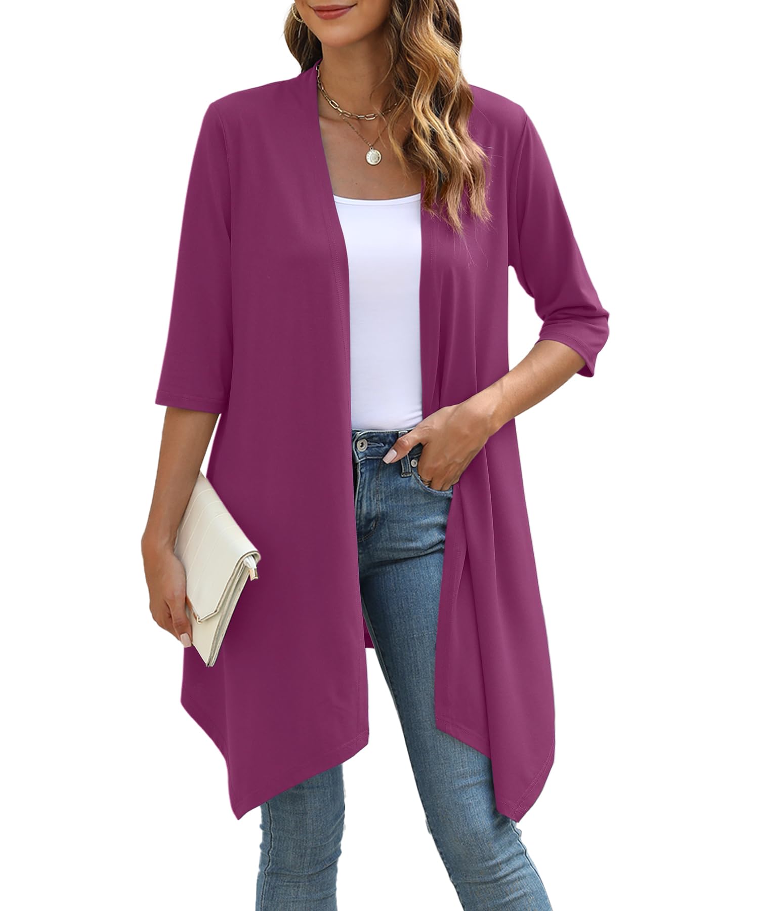 YSYOKOW Women's Open Front Cardigan Lightweight Soft Knit 3/4 Sleeve High-Low Draped Hem Loose Casual Duster