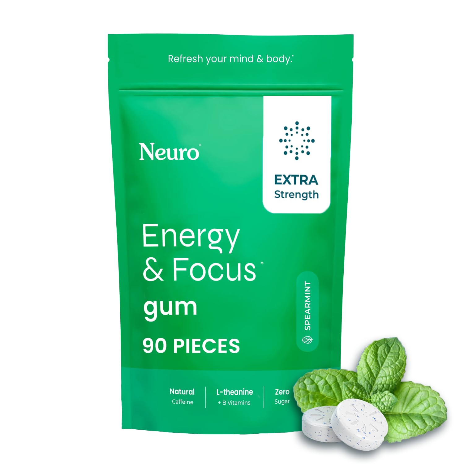 Energy & Focus Gum, Extra Strength - 100mg Natural Caffeine Gum & Nootropic Energy Supplement with L-Theanine & B Vitamins - Sugar Free, Vegan - Spearmint, 90ct