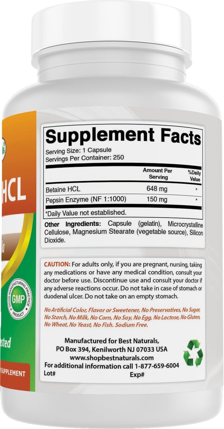Best Naturals Betaine HCL 648 mg 250 Capsules (250 Count (Pack of 2))