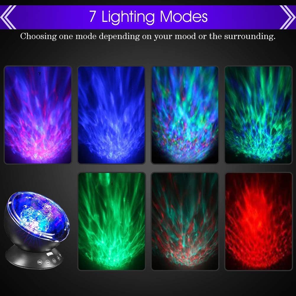 SOLLED Ocean Wave Projector 12 LED Remote Control Night Light Wave Projector for Kids 7 Colors Undersea Projector Lamp with Mini Music Player for Living Room Bedroom - Black