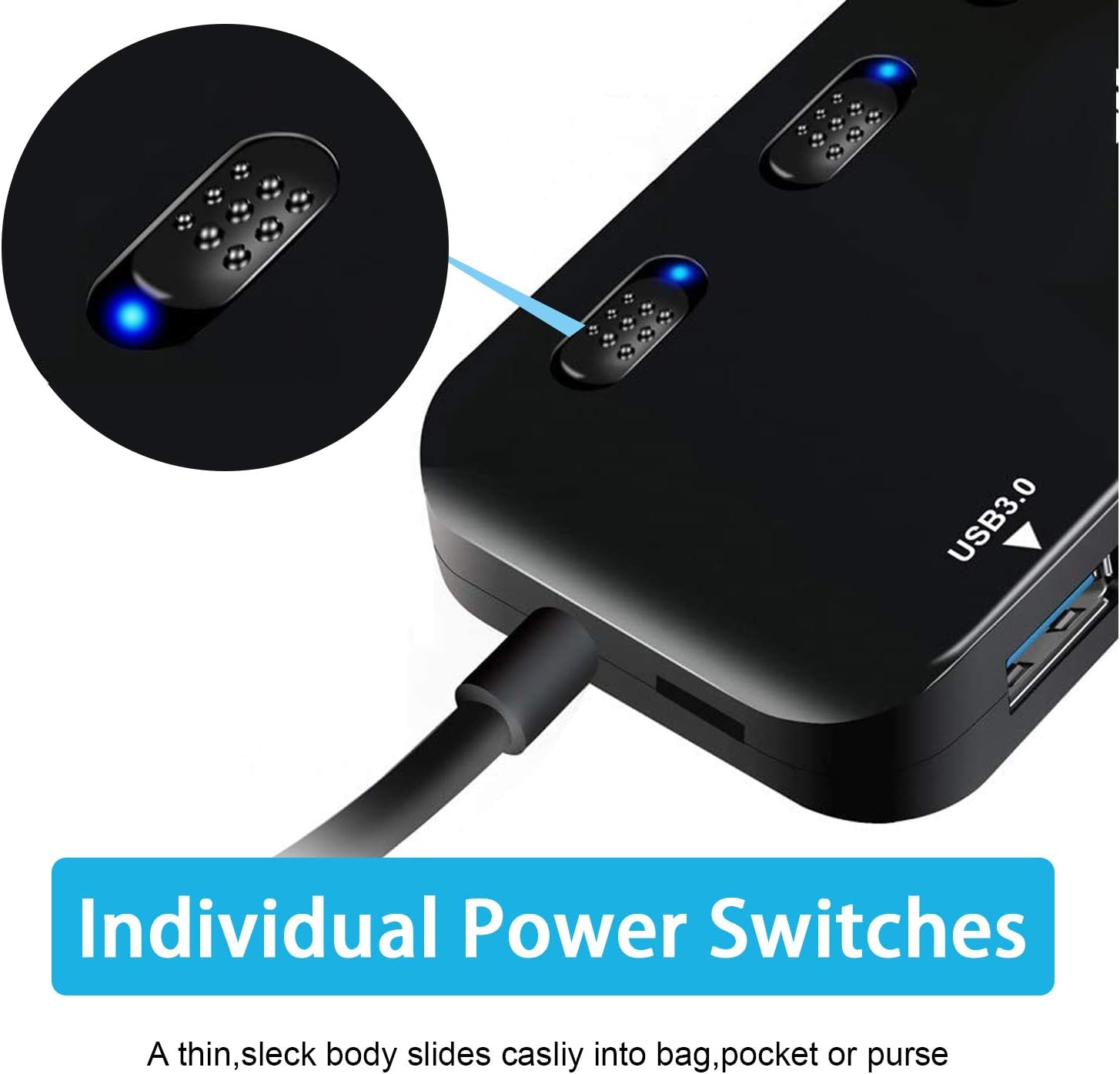4-Port USB 3.0 Hub with Individual Power Switches and Lights, High-Speed Data Hub Splitter Portable USB Extension Hub for PC Laptop and More (No Power Adapter) : Electronics