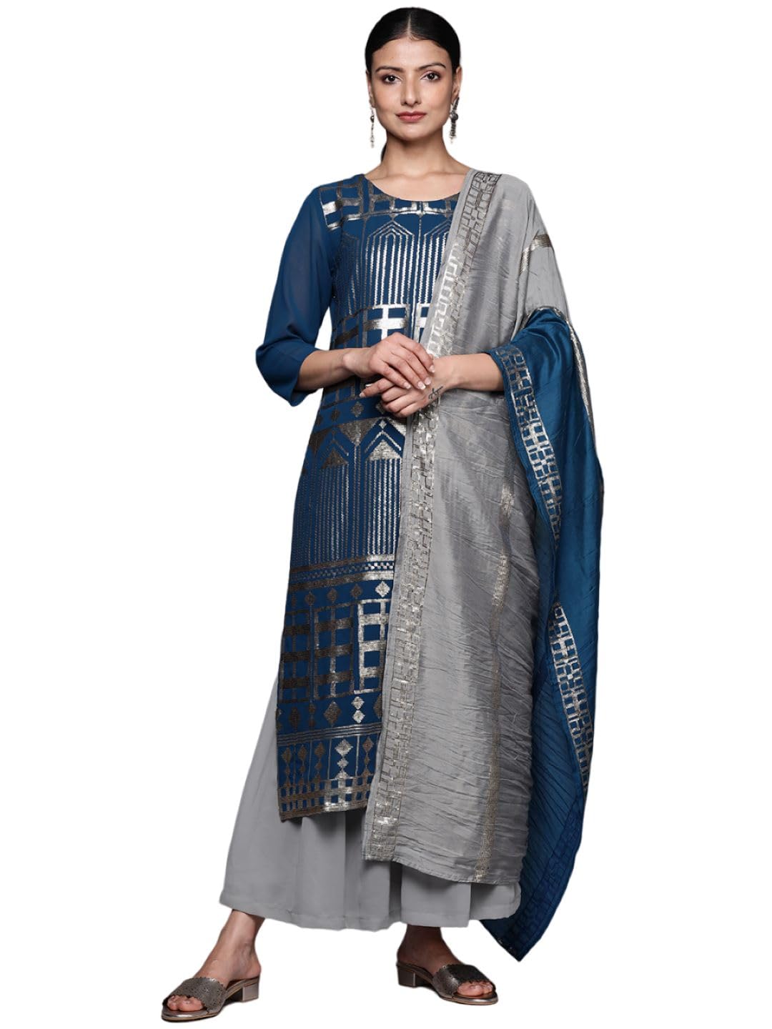 Varanga Women Teal Blue Sequins Embellished Kurta Paired With Contrast Sharara And Ombre Dupatta