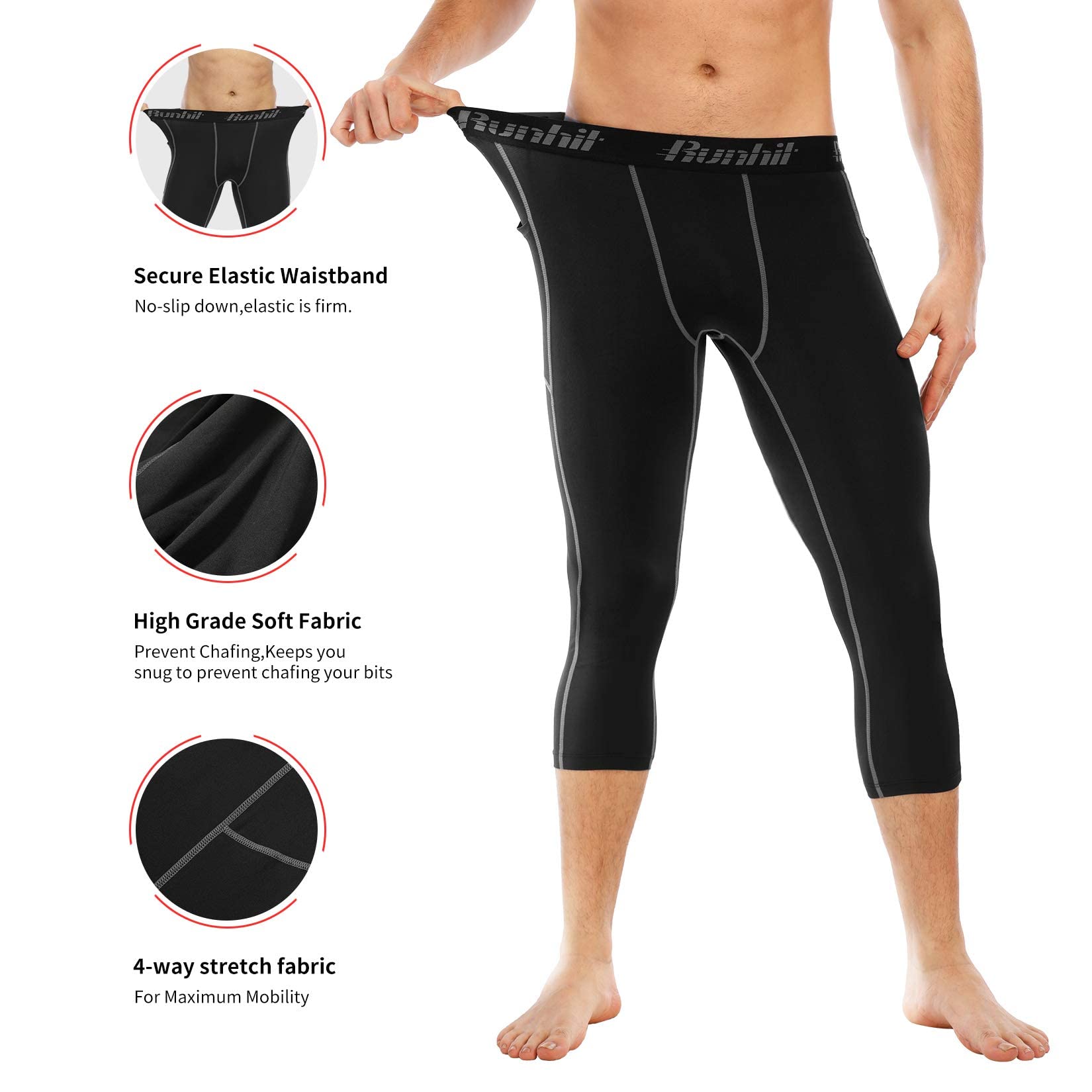 Runhit Męskie spodnie kompresyjne 3/4 z kieszeniami, sportowe legginsy sportowe, bielizna