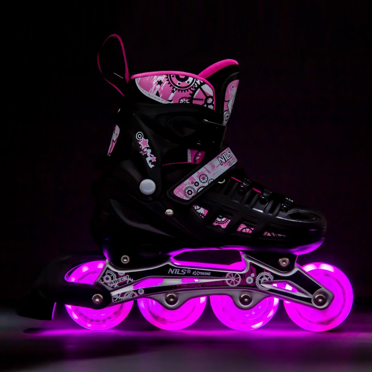 NILS Lot de Patins à roulettes 4 en 1 Triskates Twinkle White ABEC7 LED Light Wheels Taille 31-42 Réglable (Rose, M (35-38))