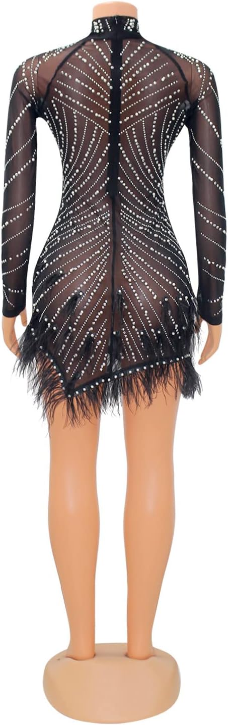 ENOPINK Women Sexy Rhinestone Feather Dress Mesh Sheer Bodycon Long Sleeve Mini Dresses Birthday Outfits Clubwear - Image 5