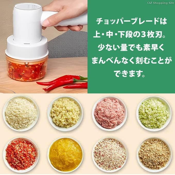 Vegetable GD-HM1 food chopper blade and examples of chopped ingredients