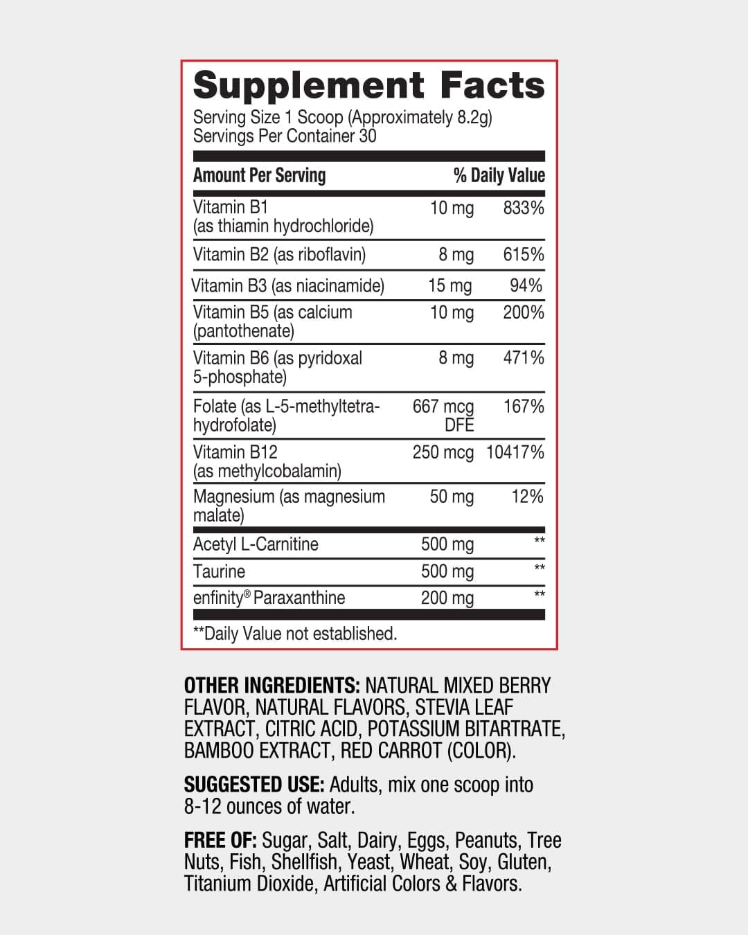 Red Rocker Essentials Energy Support Powder - enFinity® Paraxanthine 200mg with Methylated B12 & B-Complex - Smooth Energy No Crash - Mixed Berry - 30 Servings