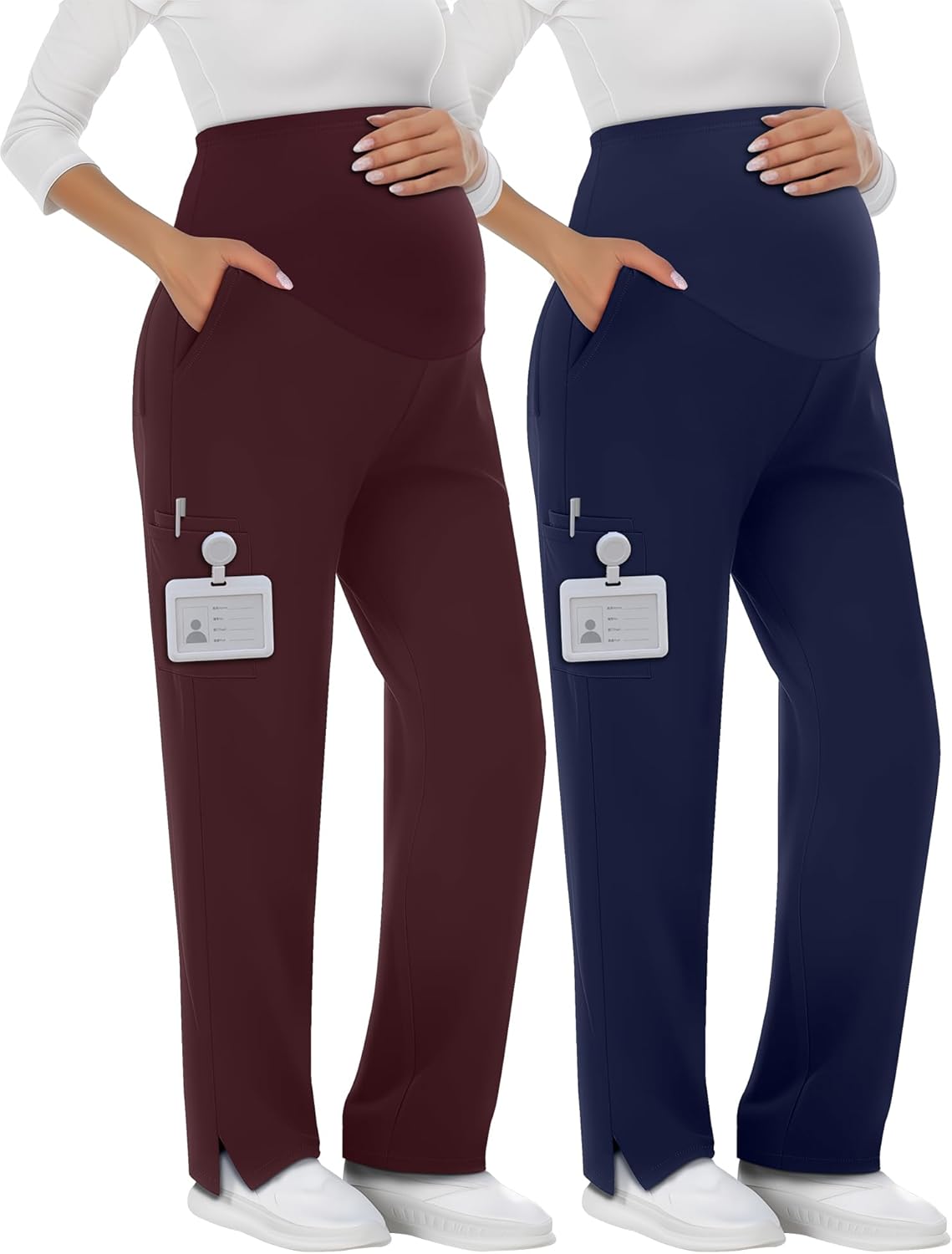 2 Pack Women's Maternity Scrubs Pants with 6 Pockets Pregnancy Workwear Stretchy Straight Leg Cargo Trousers