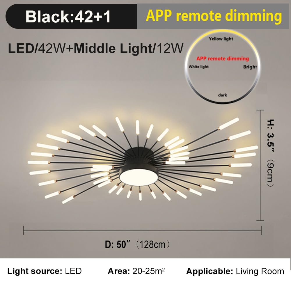 Liudefa 42 Inch LED Ceiling Light Fixture,28 Lights Modern Ceiling Lights Flush Mount Chandelier Black Indoor Lighting For Living Room,Bedroom,4000K 28W 12W Firework Deco Close To Ceiling Light