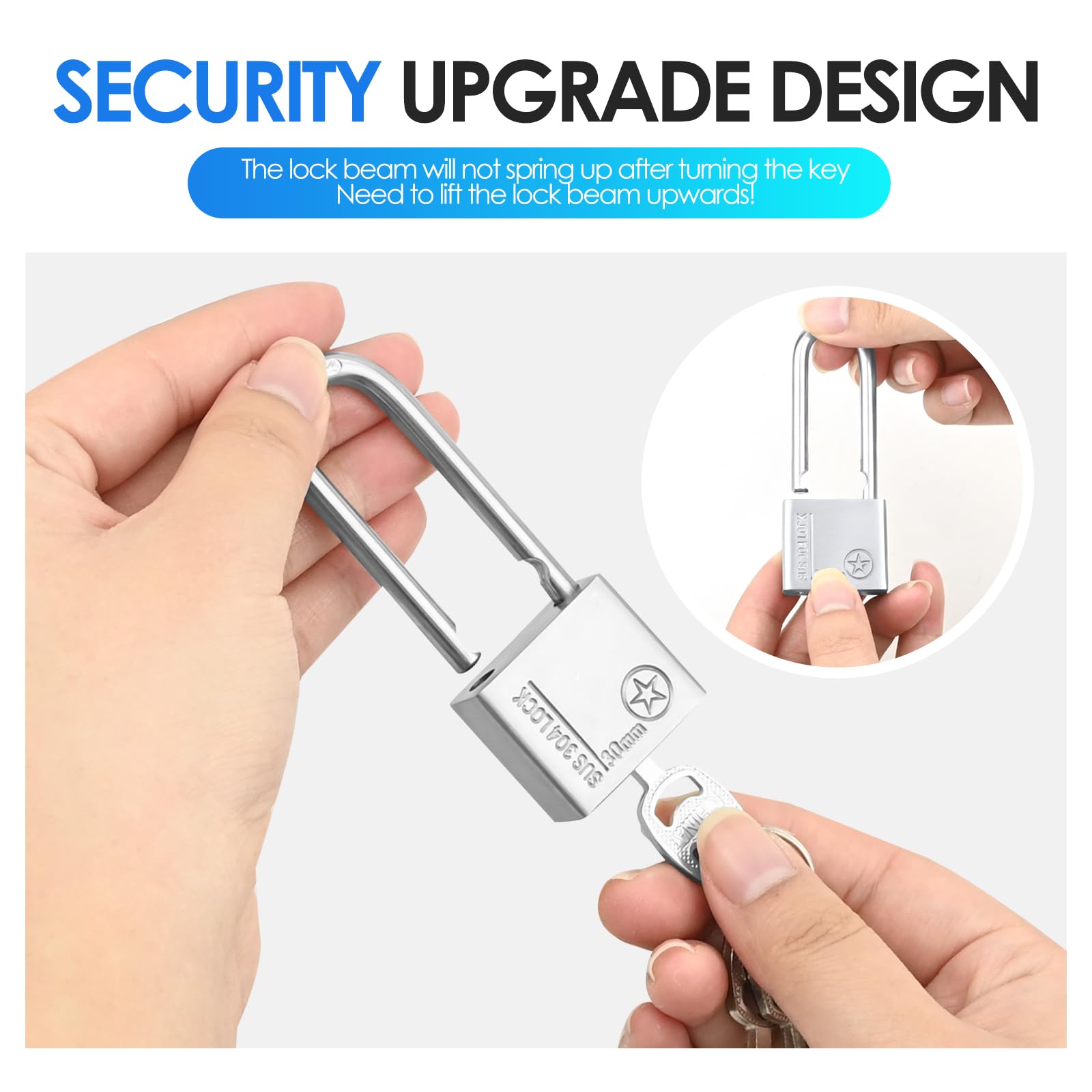 Stainless Steel Long Shackle Padlock, Heavy Duty Padlock Weatherproof & Waterproof with 4 Keys, High Hardness Anti-Pry Security Padlock for Garden Shed/Garage/Fence/Locker/Outdoor Indoor Use (3CM) - Image 4