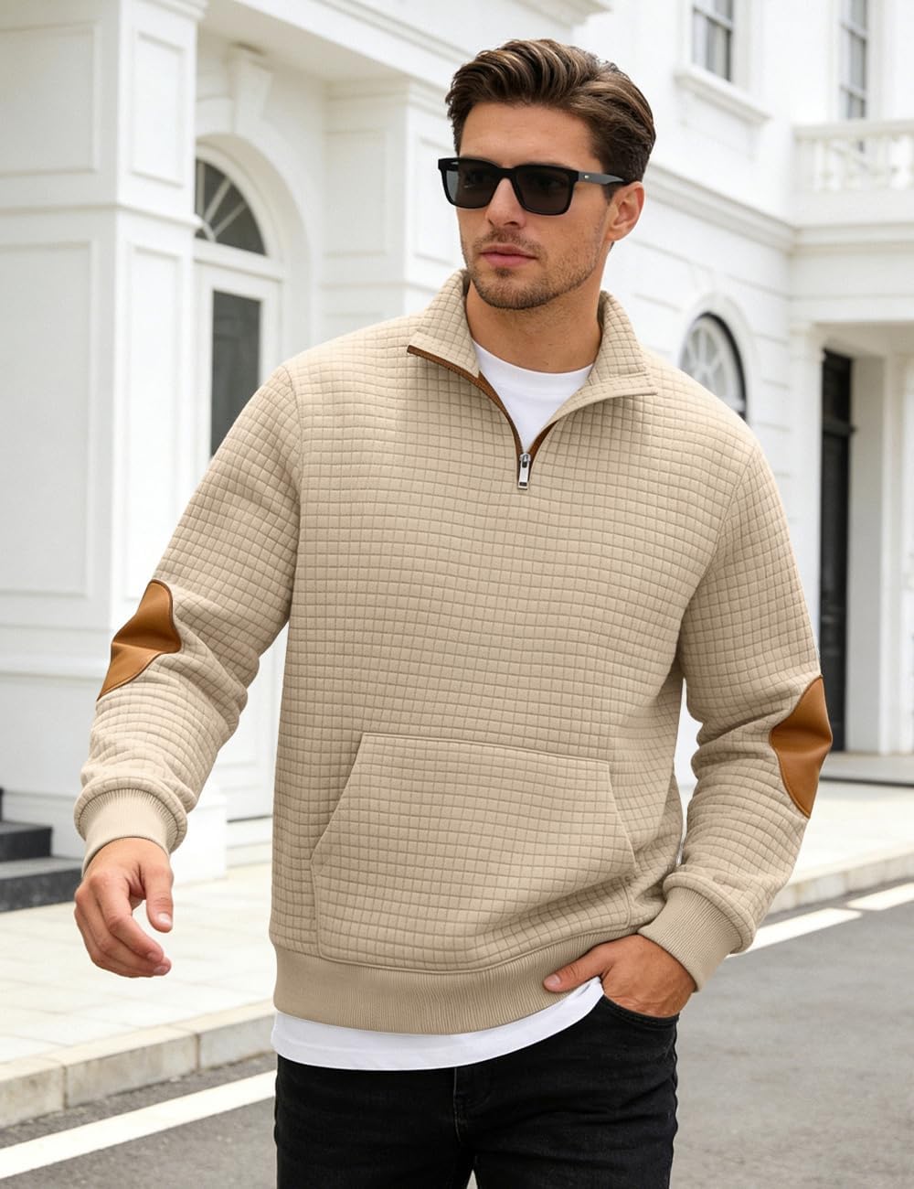 Mens Sweatshirt Casual Stand Collar Quarter Zip Pullover Fall Waffle Sweaters Long Sleeve with Pockets - Image 3