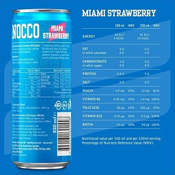 NOCCO Sugar Free Energy Drink – BCAA, 180mg High Caffeine, with Amino Acids & Vitamins, Ideal for Pre Workout – 12 x 330ml (Miami Strawberry)