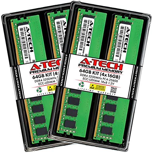 Image of A-Tech Server 64GB Kit (4x16GB) DDR4 3200MHz PC4-25600 ECC UDIMM 1Rx8 Single Rank 1.2V ECC Unbuffered DIMM 288-Pin Server & Workstation RAM Memory Upgrade Modules (A-Tech Enterprise Series)