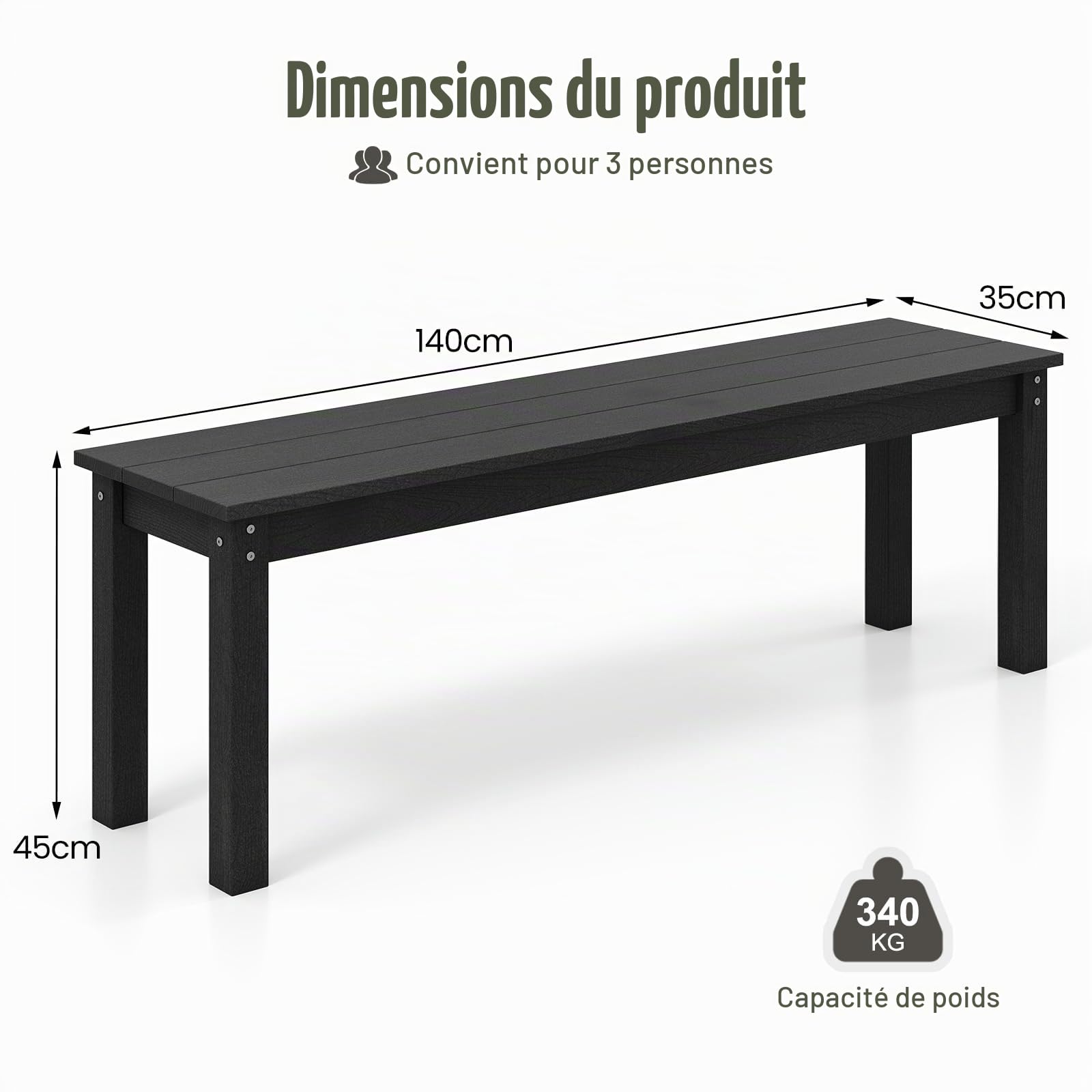 KOMFOTTEU Banc de Jardin en HDPE, Banc de Parc pour 2-3 Personnes, Charge de 340 kg, Bancs d'Extérieur, Conception en Lamelles, 140 x 35 x 45 cm, Surface Effet Bois, pour Terrasse, Cour (Noir)
