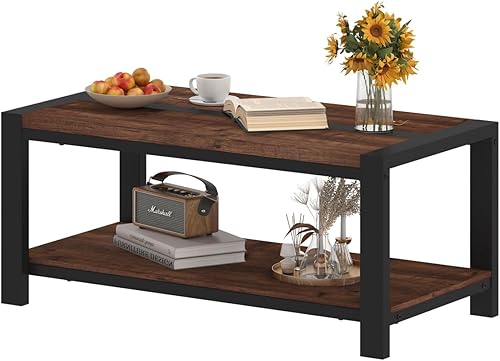 Miniatura 9 de BON AUGURE Mesa auxiliar para sala de estar, mesas industriales de madera y metal, mesa central rectangular de granja (roble rústico, 43 pulgadas)