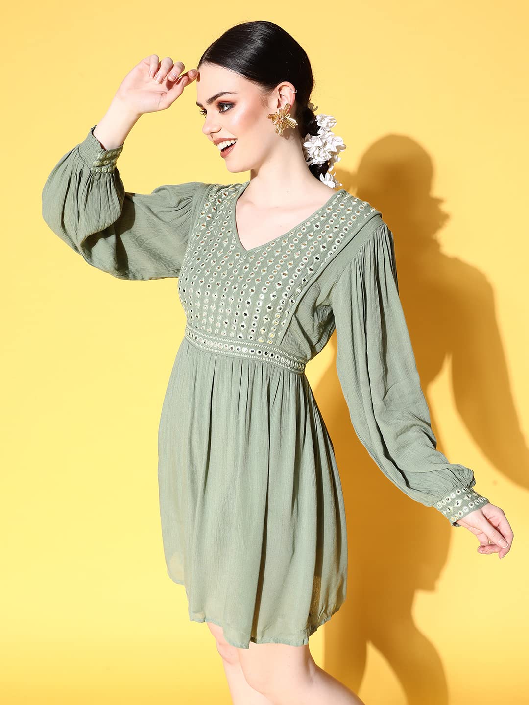Ishin Women's Mini Viscose Rayon Embellished Green A-Line Dress Inwdr0551_Gr_Xl_Green