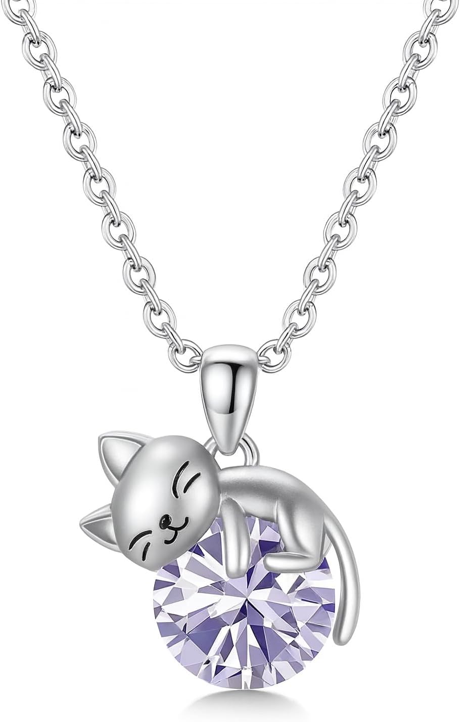 Crystal Cat Pendant Necklace, Silver Chain with Sleeping Cat Design, 17.7 inch Length