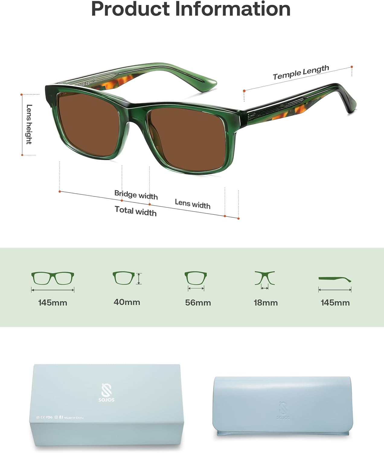 SOJOS Rectangle Polarized Sunglasses for Men Women Classic Acetate Frame UV Protective Wide Vision Shades SJ3115 - Image 5