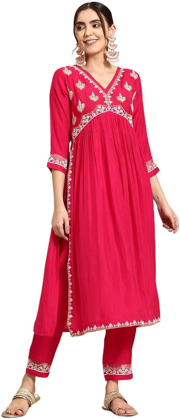 AmayraWomen's Rayon Embroidered Alia Cut Regular Kurta With Pant