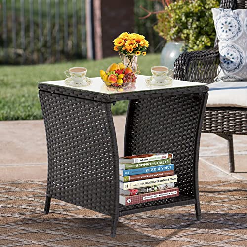 Kinbor Outdoor Patio Side Table - Wicker Pe Rattan Patio Table, Square Coffee Table With Glass Top And Storage, Outdoor Side/End Table For Deck Pool Garden Lawn Porch (Black) #TOP6