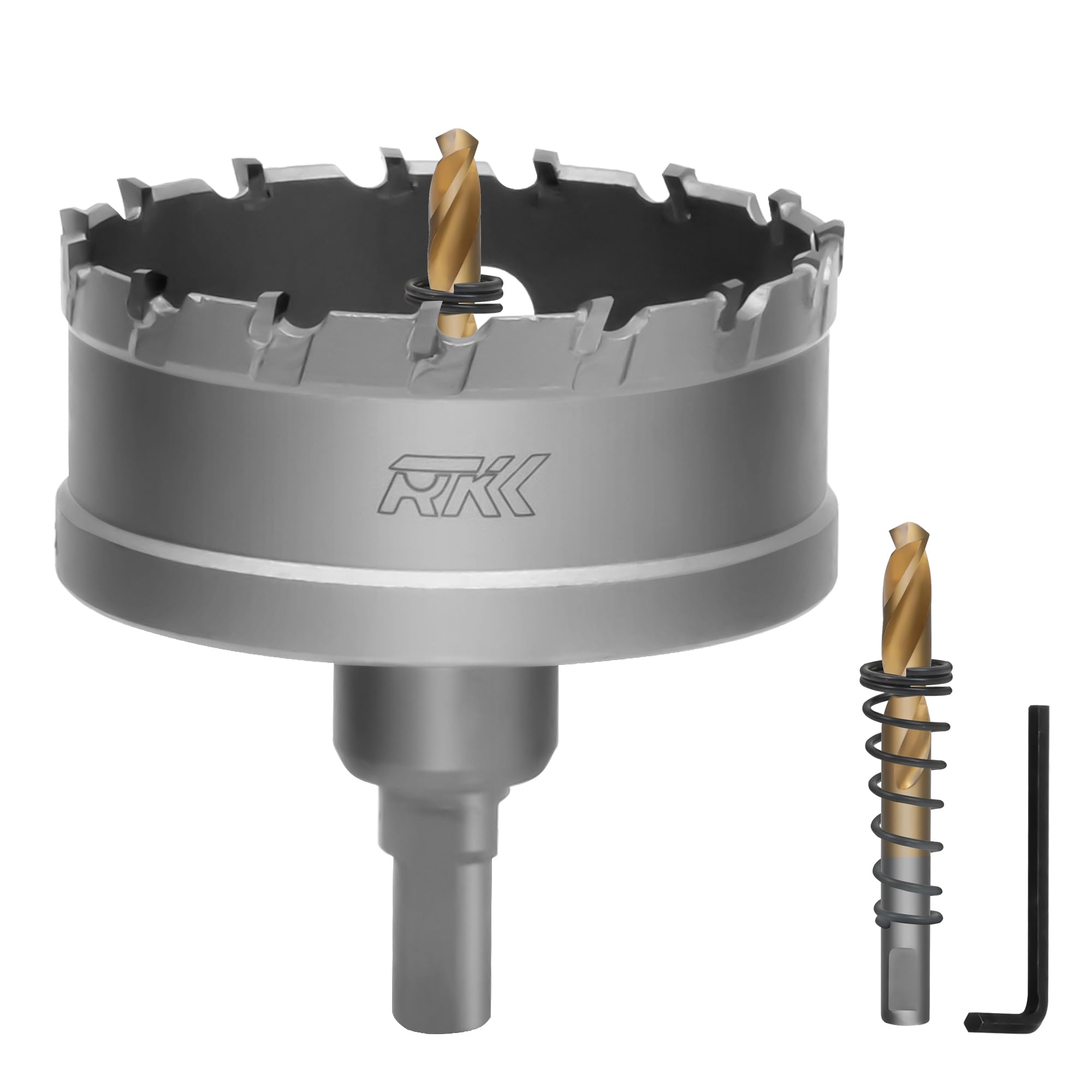 RKK Sierra perforadora de carburo de tungsteno para metal duro, acero, hierro, madera, plástico con 1 broca piloto chapada en titanio (76 mm)
