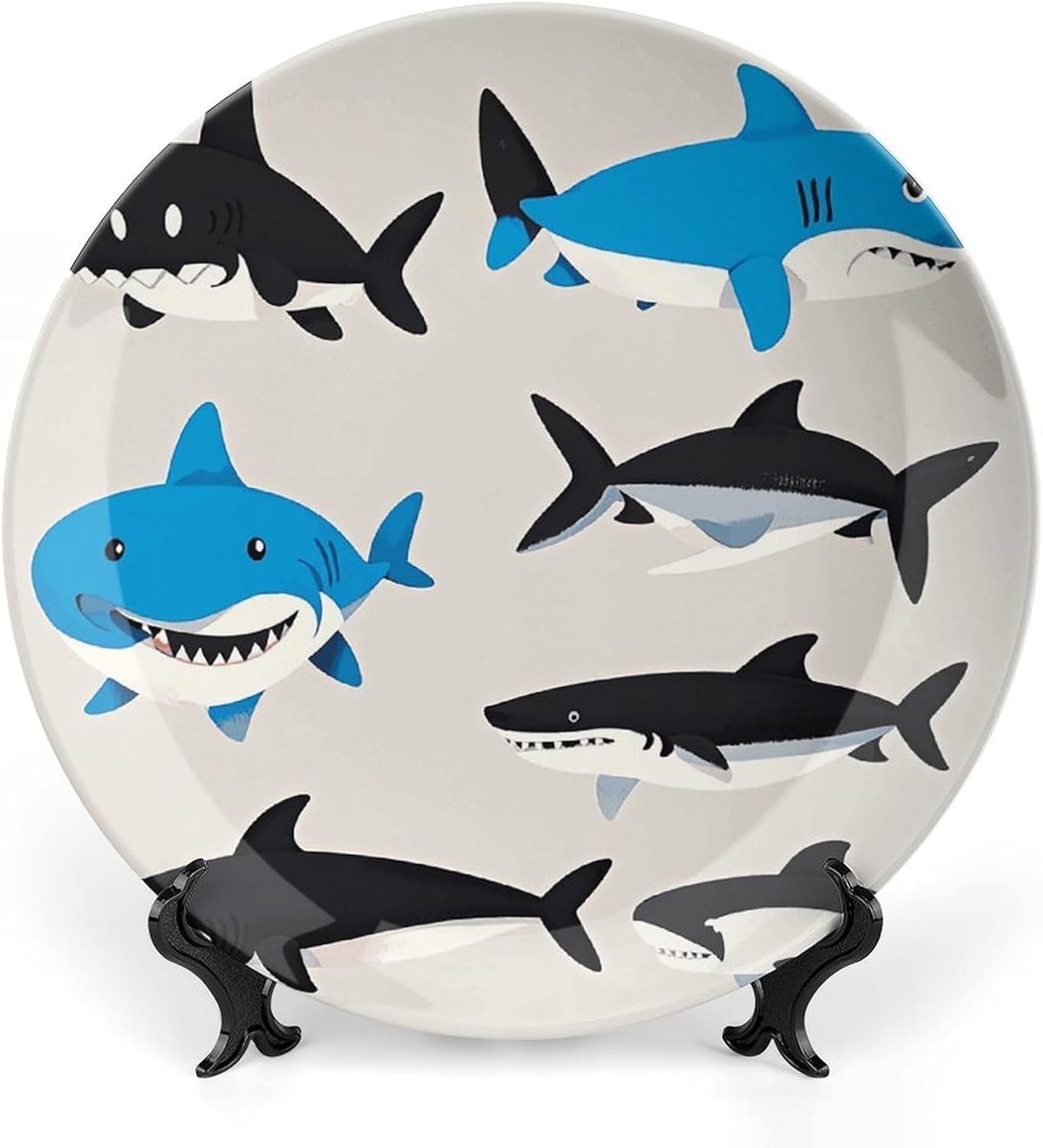 Shark Pattern Group Ceramic Decorative Plate for Home, Bone China Plates | Chinese Style Decorative Dish with Stand, Dinner Plates Art Crafts for Wall Decor, Collections Plate with Hook 6inch