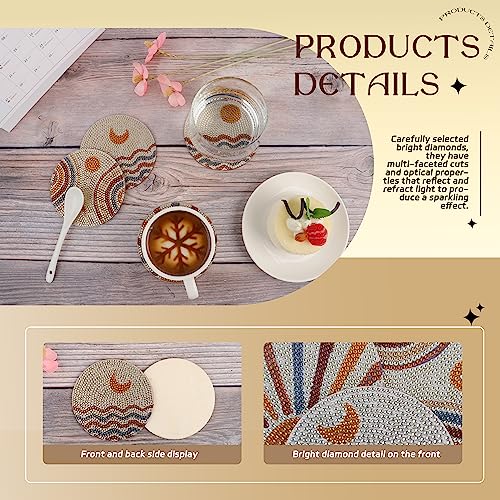 Image of 8 Pcs Boho Diamond Painting Coasters Kit with Holder, Abstract Moon Wooden Diamond Art Non-Slip Coasters for Beginners & Adults Dining Decor Art Crafts