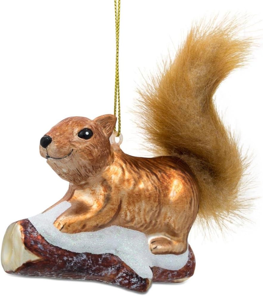Squirrel on Snowy Branch Blown Glass Christmas Ornament