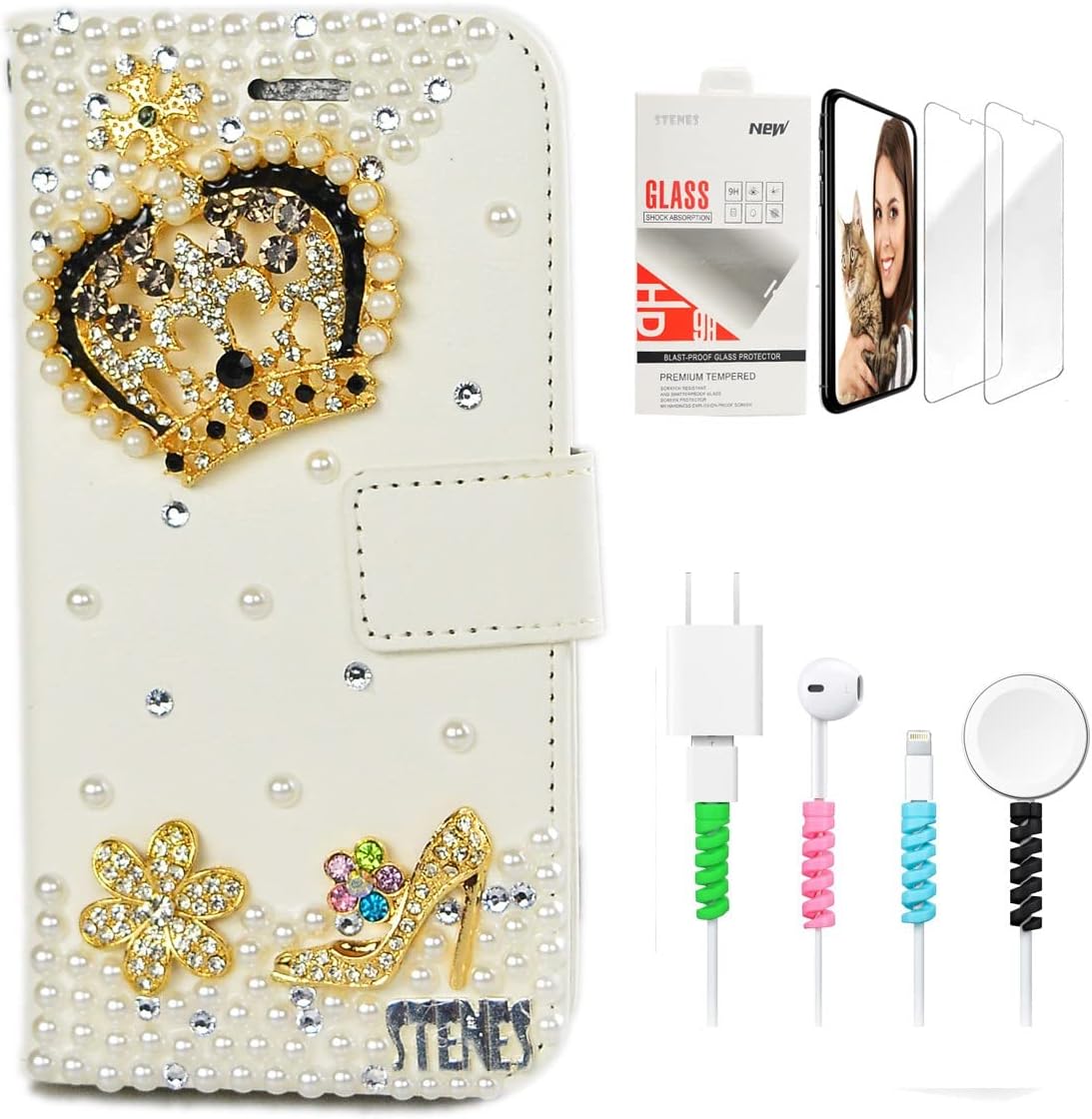 Bling Wallet Luxury Phone Case Compatible with iPhone Air / 17 Air - Elegant Women 3D Handmade Crown Girls High Heel Flowers Leather Cover with Screen Protector & Cable Protector - Gold
