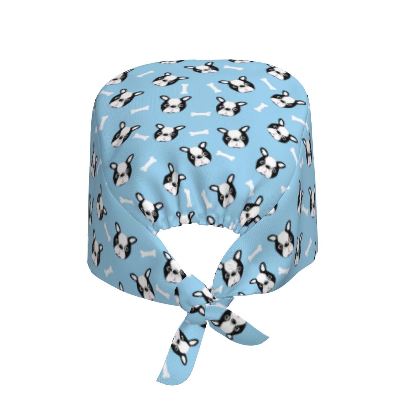 Buewutiry Scrub Caps Women Men Cute Boston Terrier Dog Bone Blue Working Surgical Nurse Dental Hats Ponytail Scrub Cap