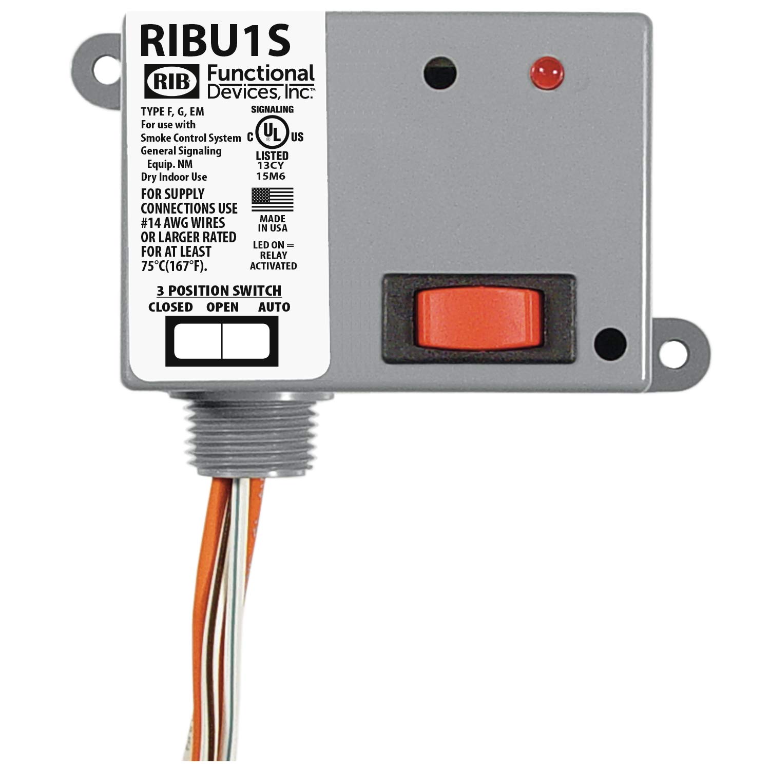 Functional Devices RIBU1S Pilot Relay, 10 Amp SPST-N/O + Override, 10-30 Vac/dc/120 Vac Coil, NEMA 1 Housing