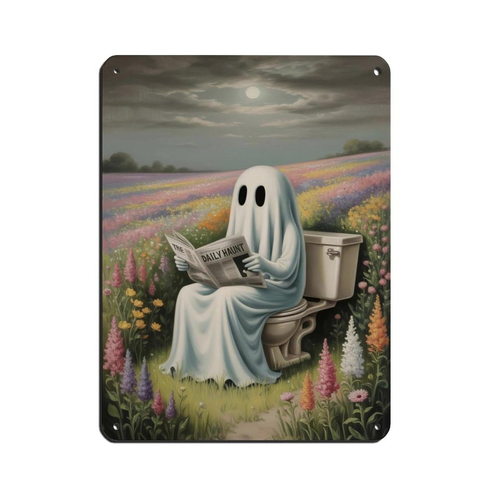 Ghost Reading A Newspaper with Flowers Poster (2) Tin Sign Vintage Metal Pub Club Cafe Bar Home Wall Art Decoration Poster Retro 12x16inch(30x40cm)