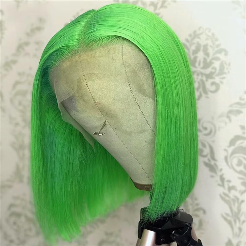RONGDUOYI Green Short Bob Straight Synthetic Lace Front Wigs for Women Grass Green Shoulder Length Lace Front Synthetic Wig with Natural Hairline Heat Resistant Fiber Hair Christmas Cosplay Wig