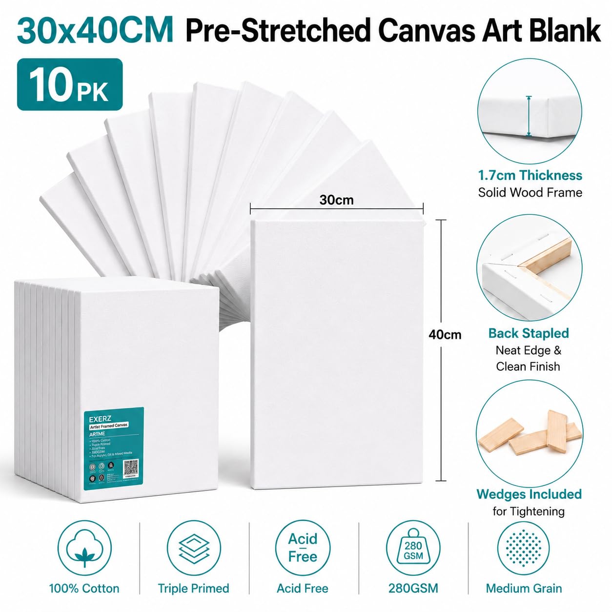 Exerz Lienzo Preestirado 30x40cm 10 piezas, Lienzos Enmarcados de 1,7 cm, 280 g/m², 100% Algodón, Triple Imprimación, Sin Ácidos, Grano Medio, Ideal para Pintura Acrílica y Óleo