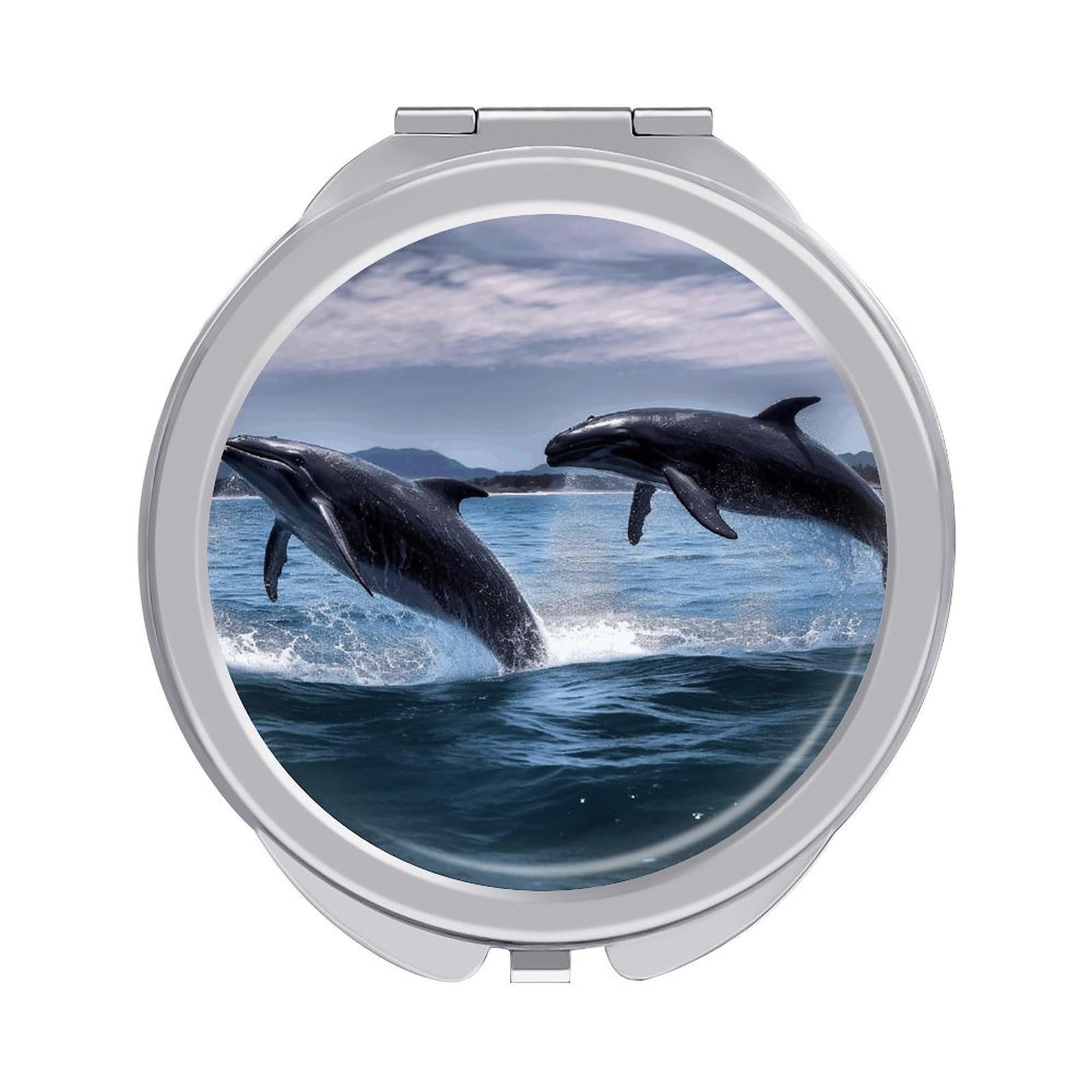 Fekiloot Style Jumping Whales Travel Makeup Mirror Handheld Compact Mirror Portable Pocket Mirror Double-Sided 1X/2X Magnifying For Handbag And Purses