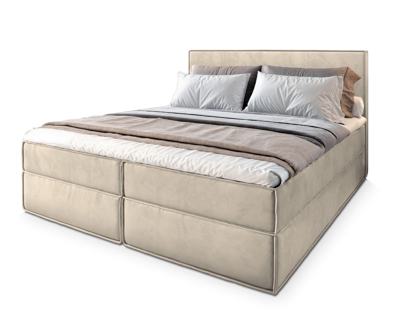 Masseno Boxspringbett PELLIO 180x200 cm Komplett-Set mit Matratze und Topper, Polsterbett mit Zwei Bettkästen -Creme, Monolith 04