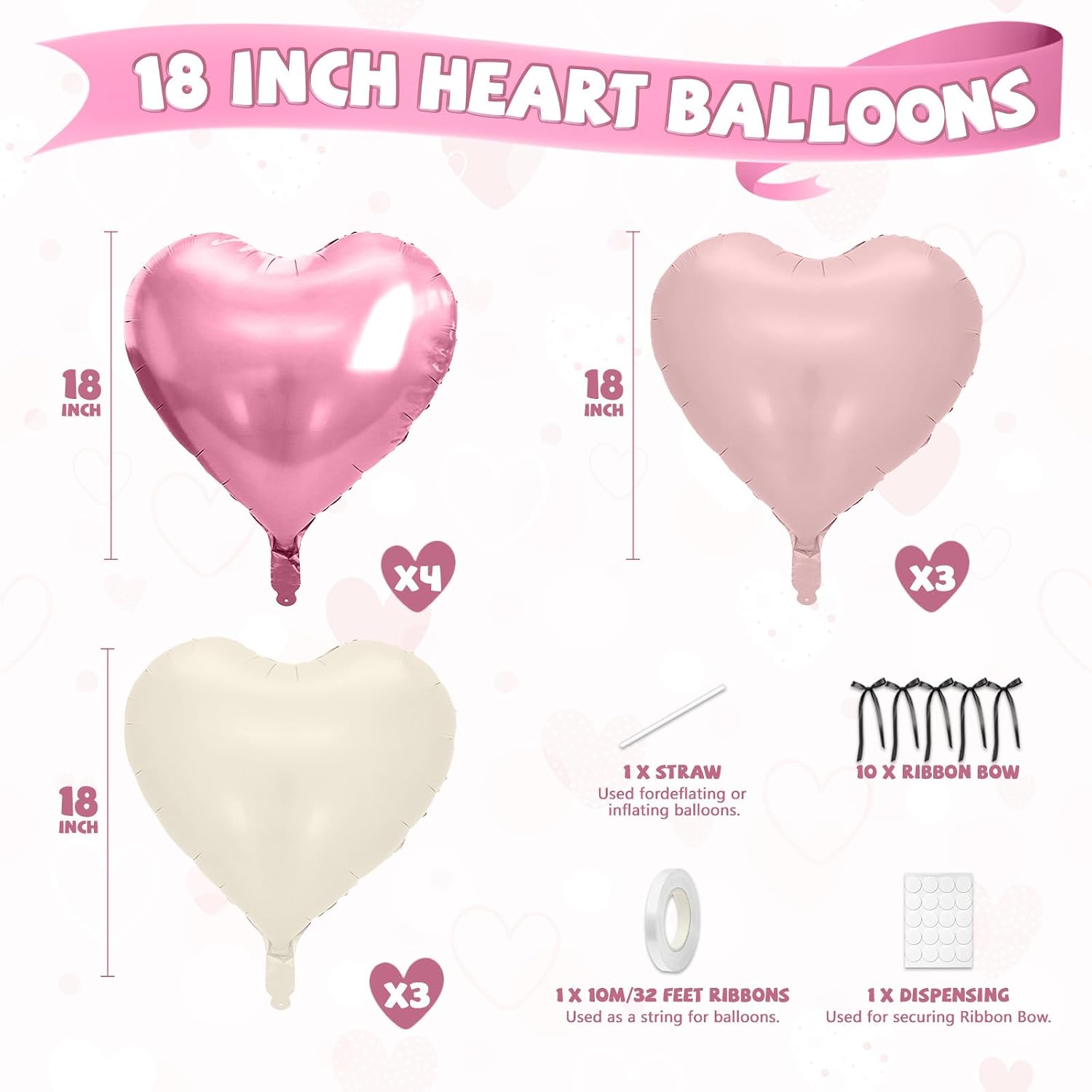 Pink Cream Heart Balloon, 10PCS Bow Ribbon Foil for Girls Baby Shower Party image 2