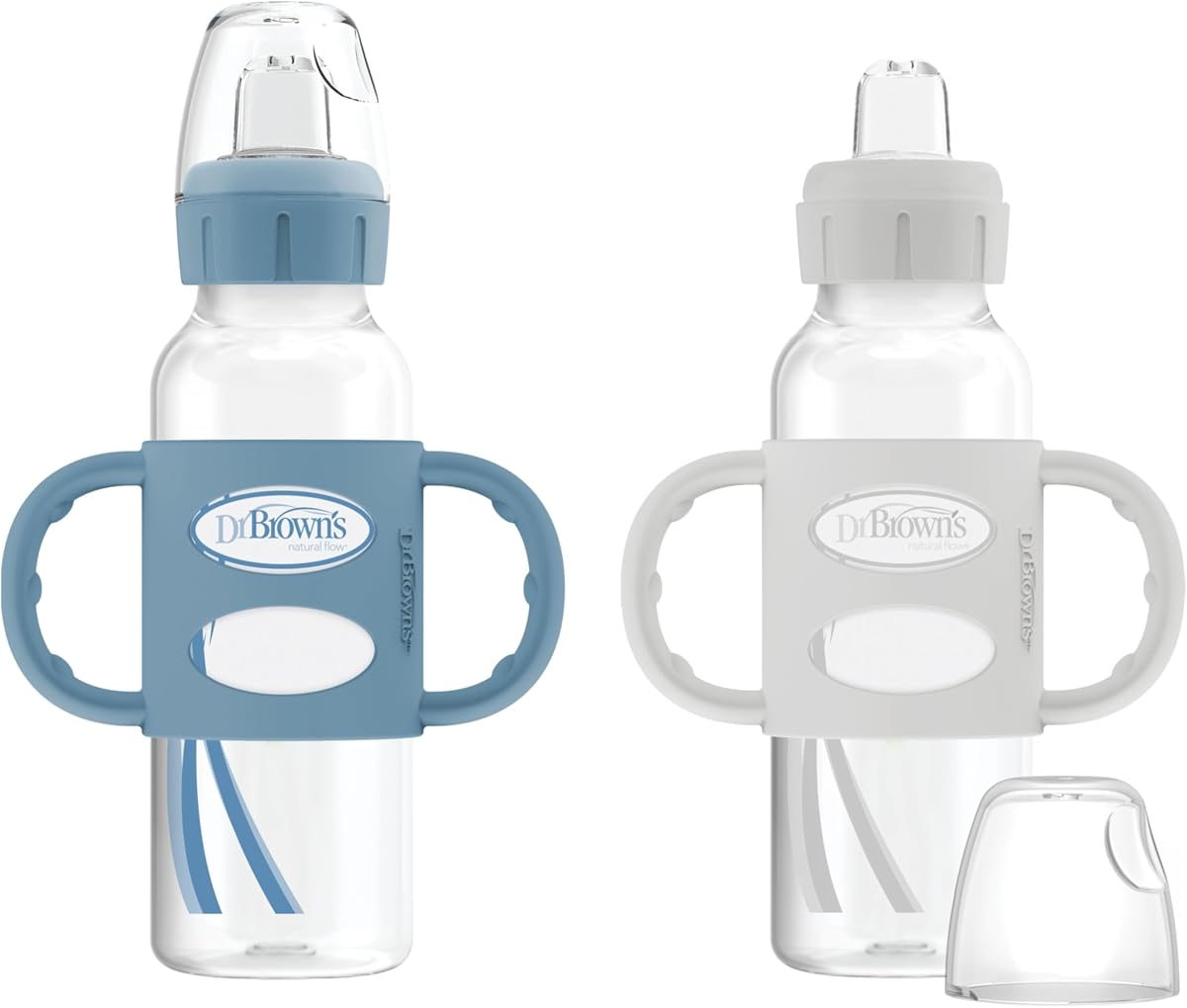 Milestones Narrow Sippy Spout Bottle with 100% Silicone, Easy-Grip Handles and Soft Sippy Spout, 8oz/250mL, Light-Blue and Gray, 2-Pack, 6m+