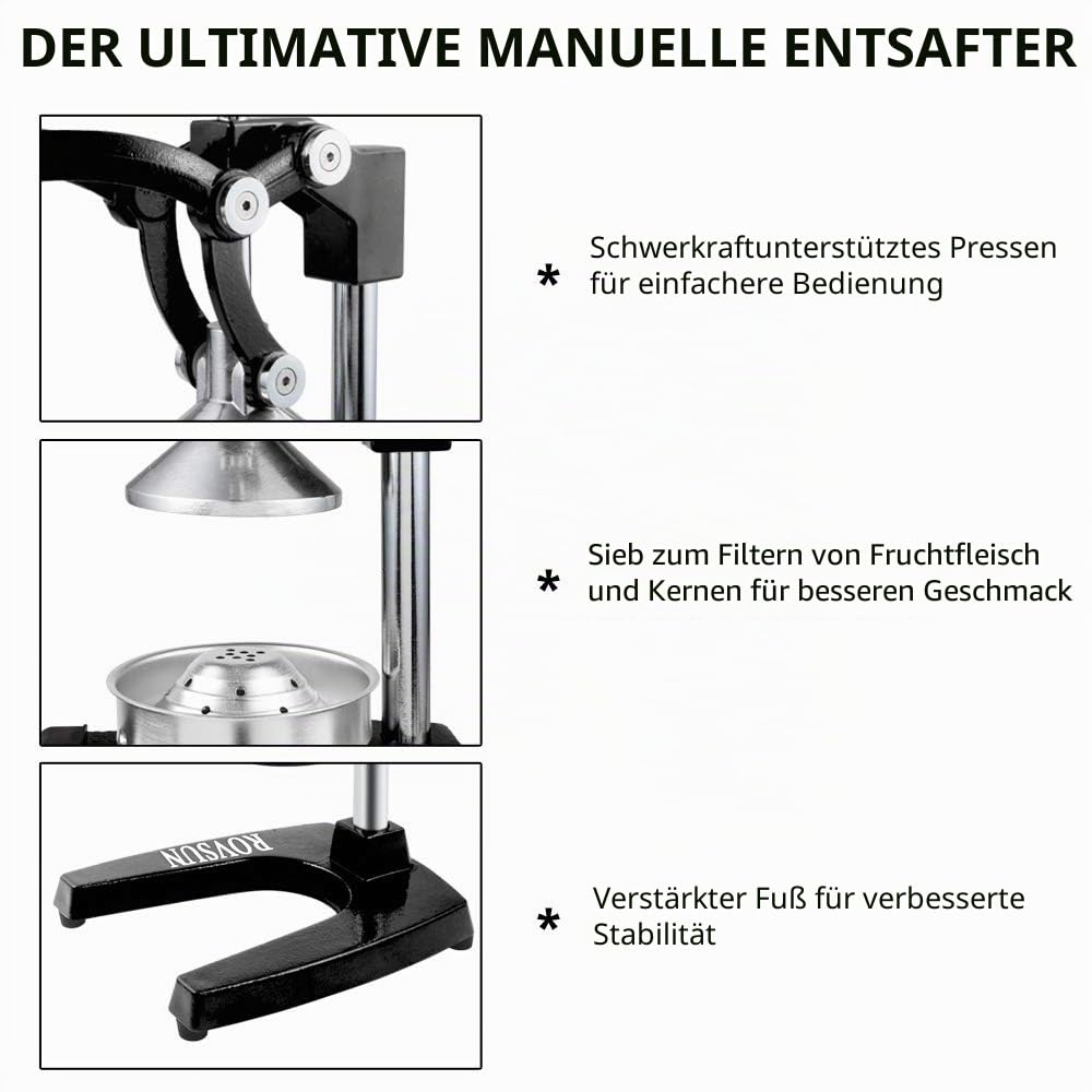 ROVSUN Saftpresse Manuell Edelstahl, Zitronenpresse Manuell, Entsafter Obstpresse, Zitruspresse, Apfelpresse, Orangenpresse 18x22x37 cm Schwarz