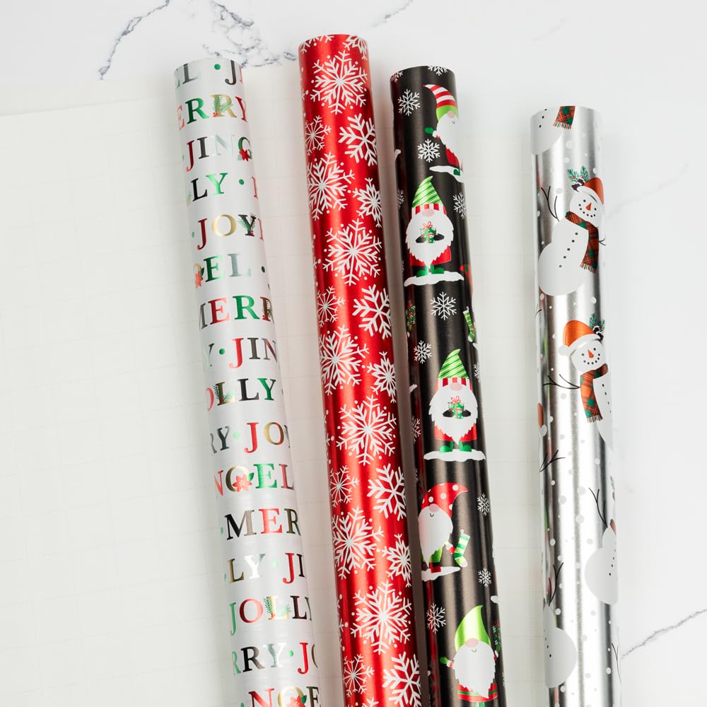 JAM Paper Geschenkpapier, Weihnachtsgeschenkpapier, 30 m² insgesamt, verschneite Feiertage, holografisches Set, 4 Rollen/Packung