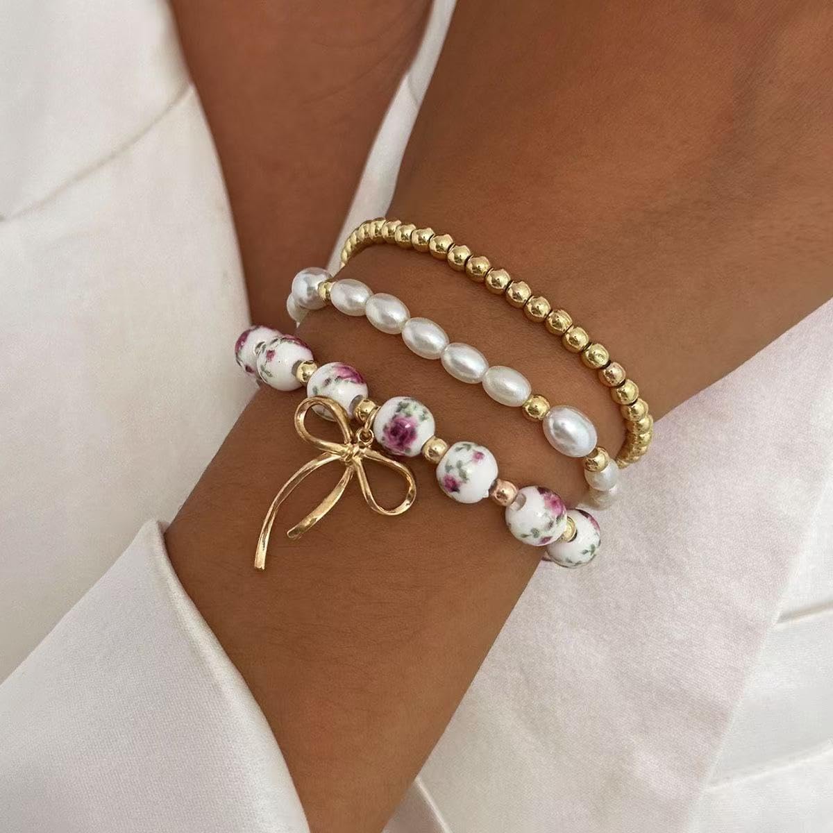 Gold Bow Bracelet Set for Women Beaded Bow Bracelet Stackable Stretch Bead Ball Bracelets Pearl Bracelets Fashion Jewelry for Women - Image 2