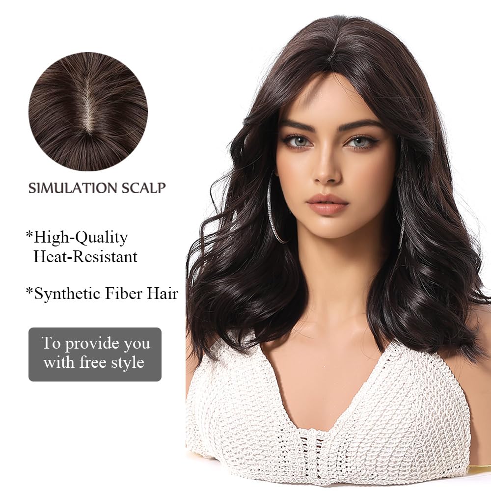 OUFEI Dark Brown Bob Wigs for Women Short Curly Wig With Curtain Bangs Natural Synthetic Hair Heat Resistant Wigs for Daily Party Cosplay Wear - Image 3