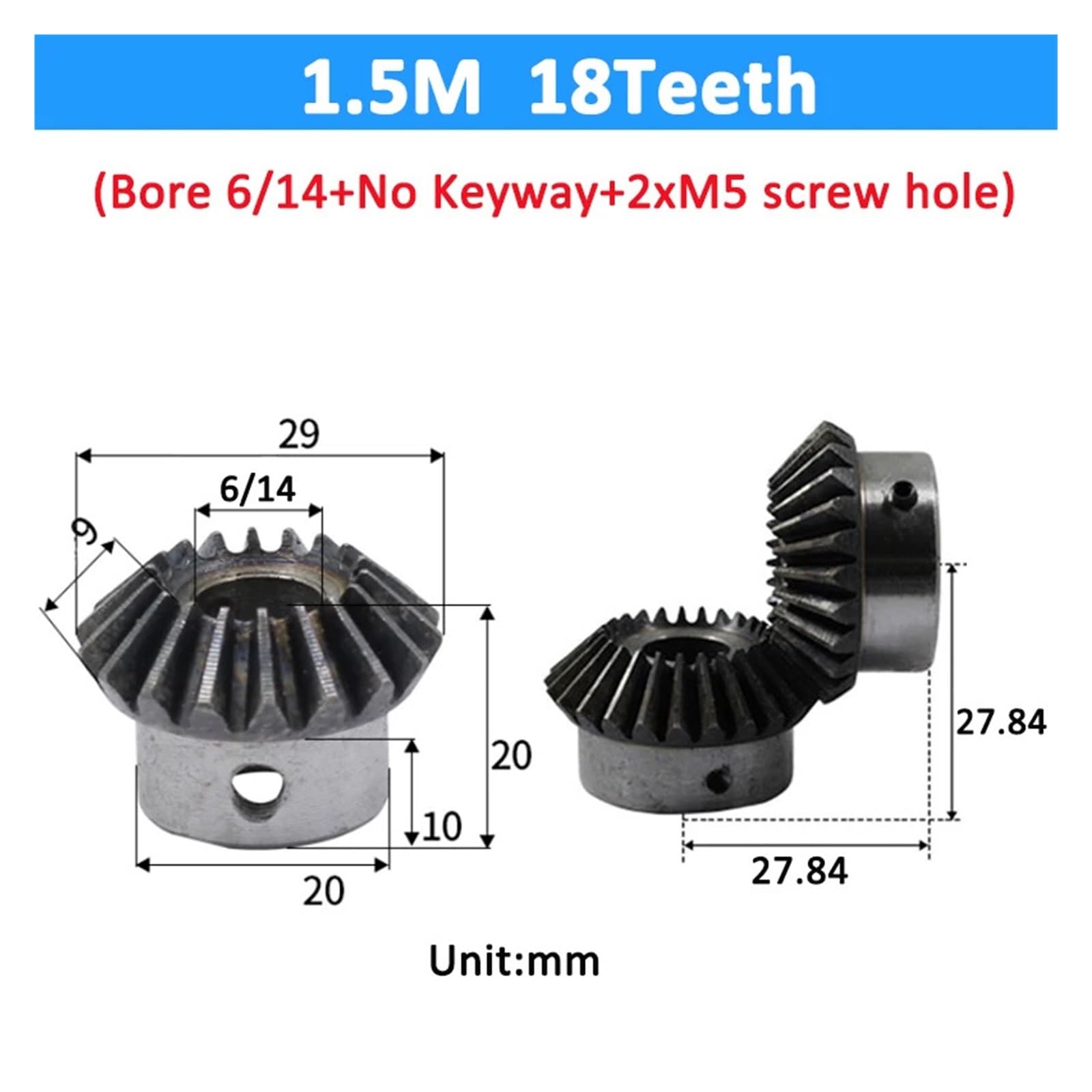Bevel Gear Pinion Hardware Mechanical 1.5M 12/16/18Teeth Bore 6mm Gear 90 Degrees Meshing Angle Steel Gears Screw M5 No Keyway(18 Teeth)