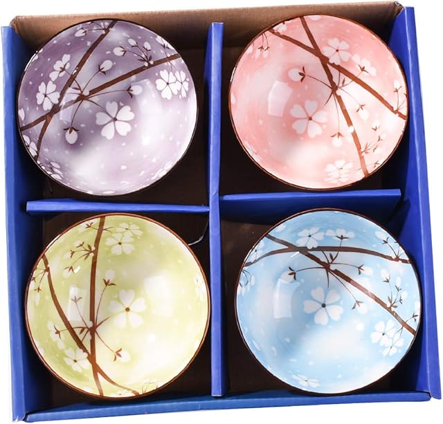 Fignner Purplishn House Japanese Style 4.5'' Rice Bowls Set of 4 Serving for Rice Soup Cereal Oatmeal