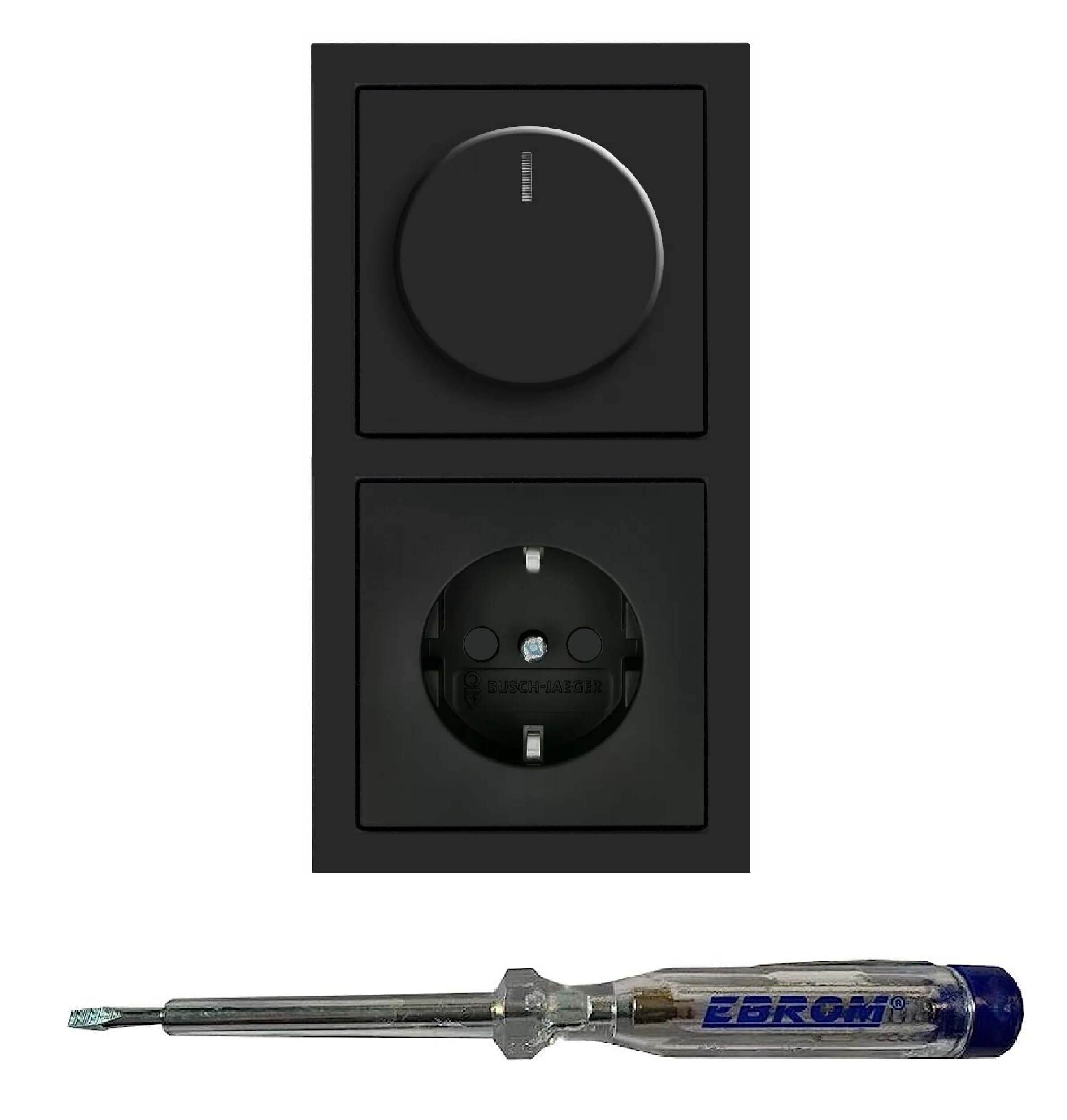 Busch Jäger 6523U-102 LED Drehdimmer Dimmer + Dimmerscheibe 6540-885-102 und Steckdose mit Kinderschutz 20EUCKS-885 in SCHWARZ MATT inklusive EBROM Phasenprüfer zur Montage der Geräte (6523 U – 102)