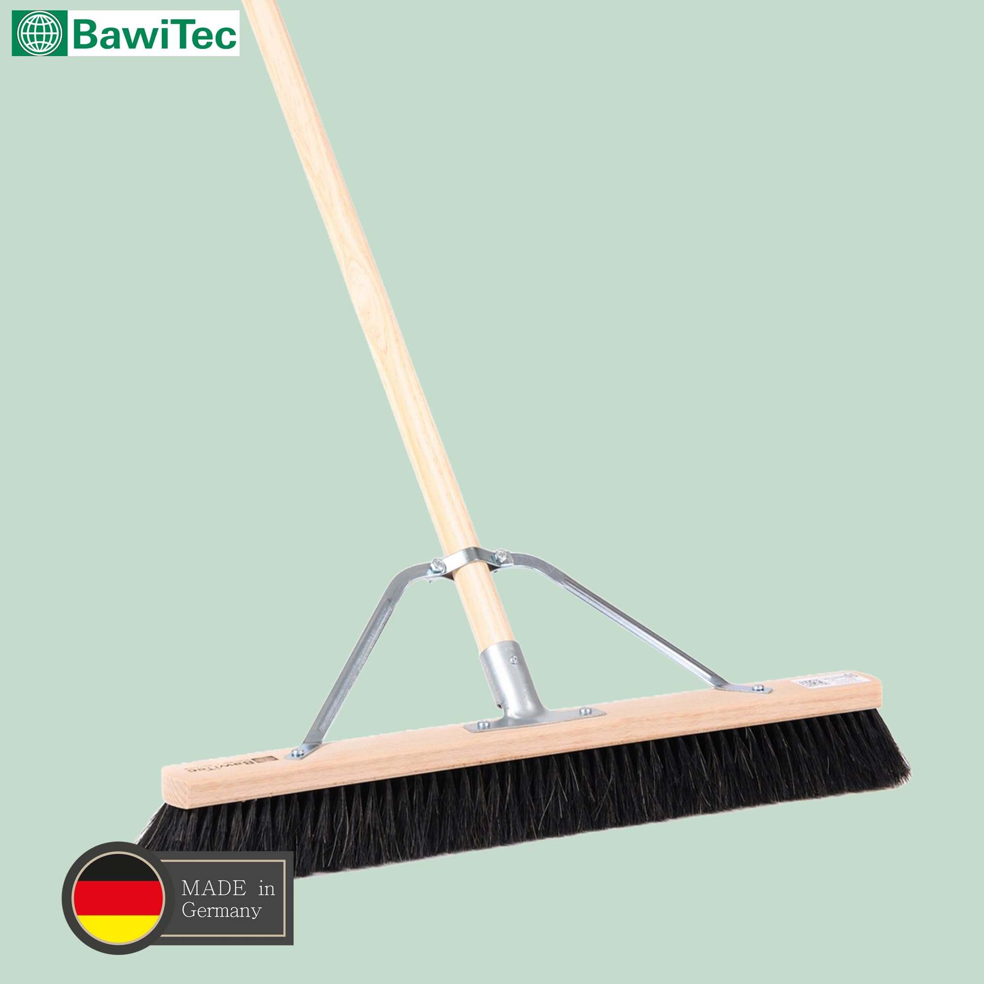 Rosshaar Saalbesen Besen 100cm mit Stiel 160cm und Stabi weiche Borsten | Spezieller Stielstabilisator/Zusatzhalterung, Besenstiel Ø28mm, Sehr weiche Naturhaar-Rosshaar-Borsten
